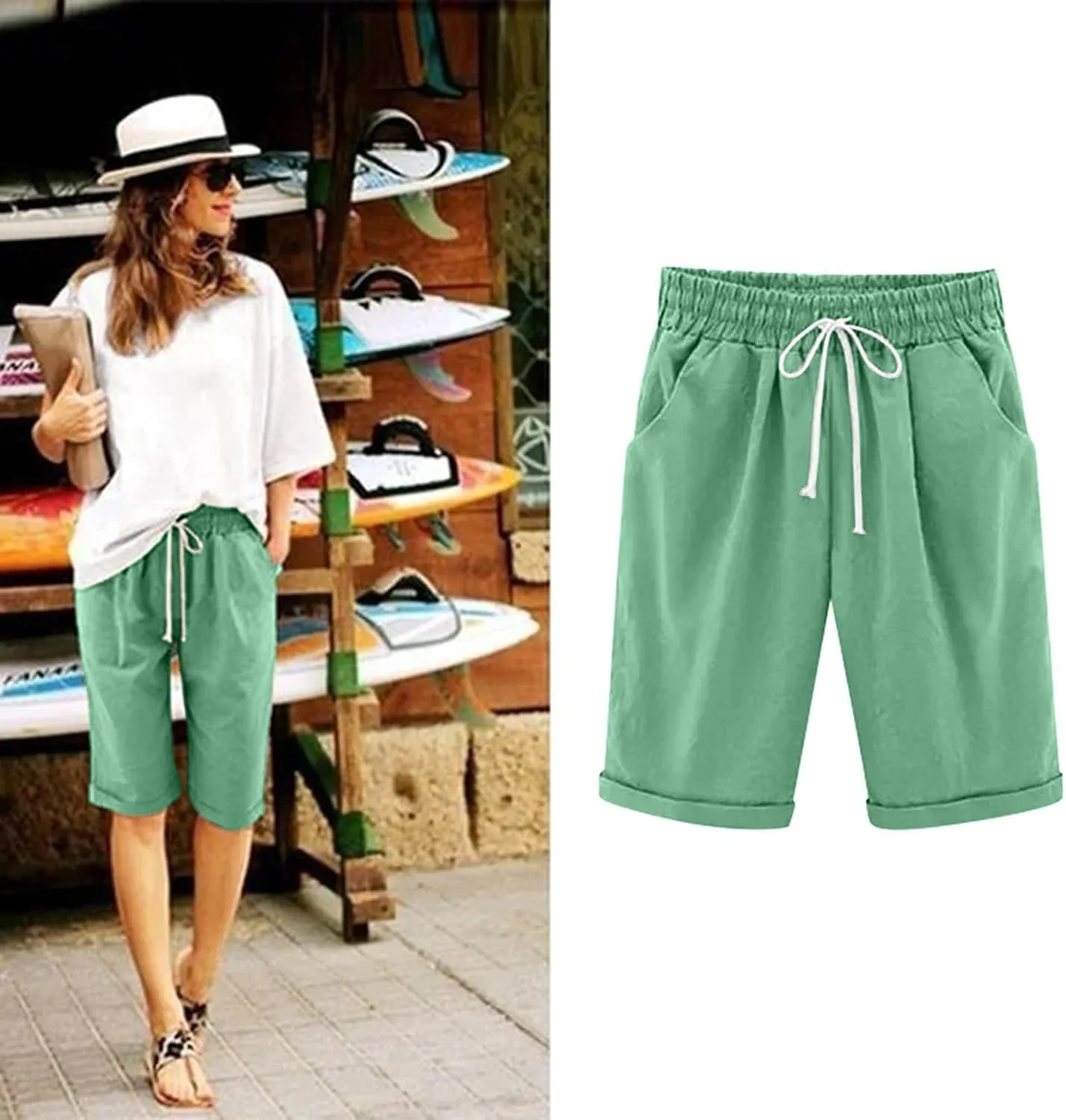Drawstring Linen Shorts Women Summer Elastic Knee Length Athletic Jogger Shorts High Waisted Workout Comfy Shorts