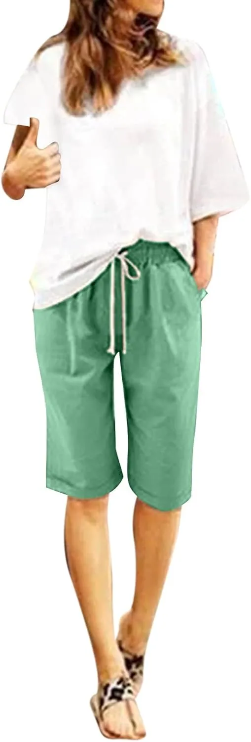 Drawstring Linen Shorts Women Summer Elastic Knee Length Athletic Jogger Shorts High Waisted Workout Comfy Shorts