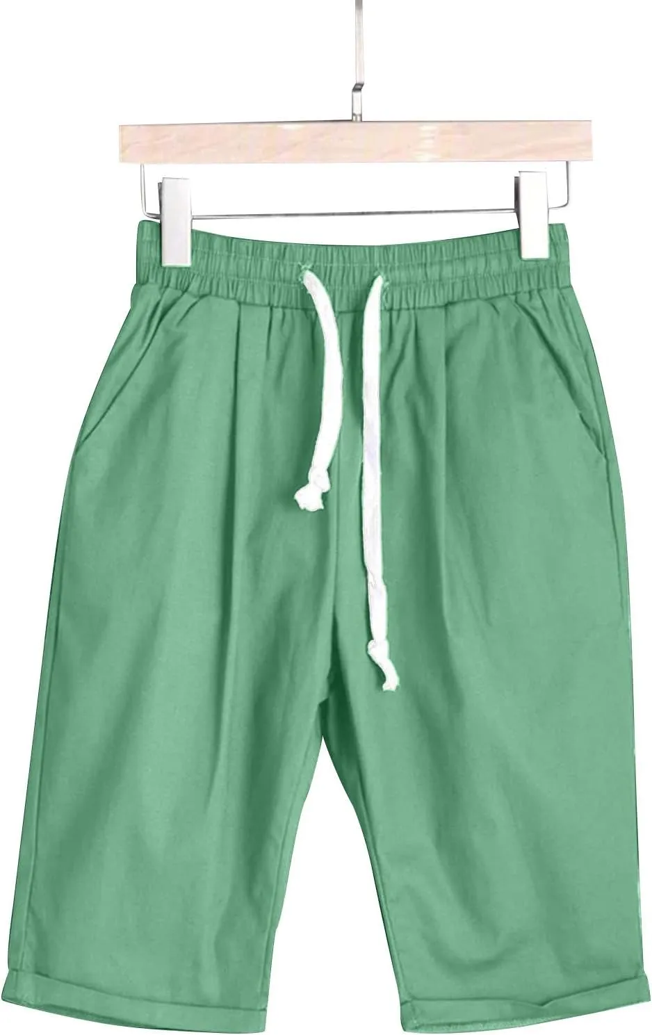 Drawstring Linen Shorts Women Summer Elastic Knee Length Athletic Jogger Shorts High Waisted Workout Comfy Shorts