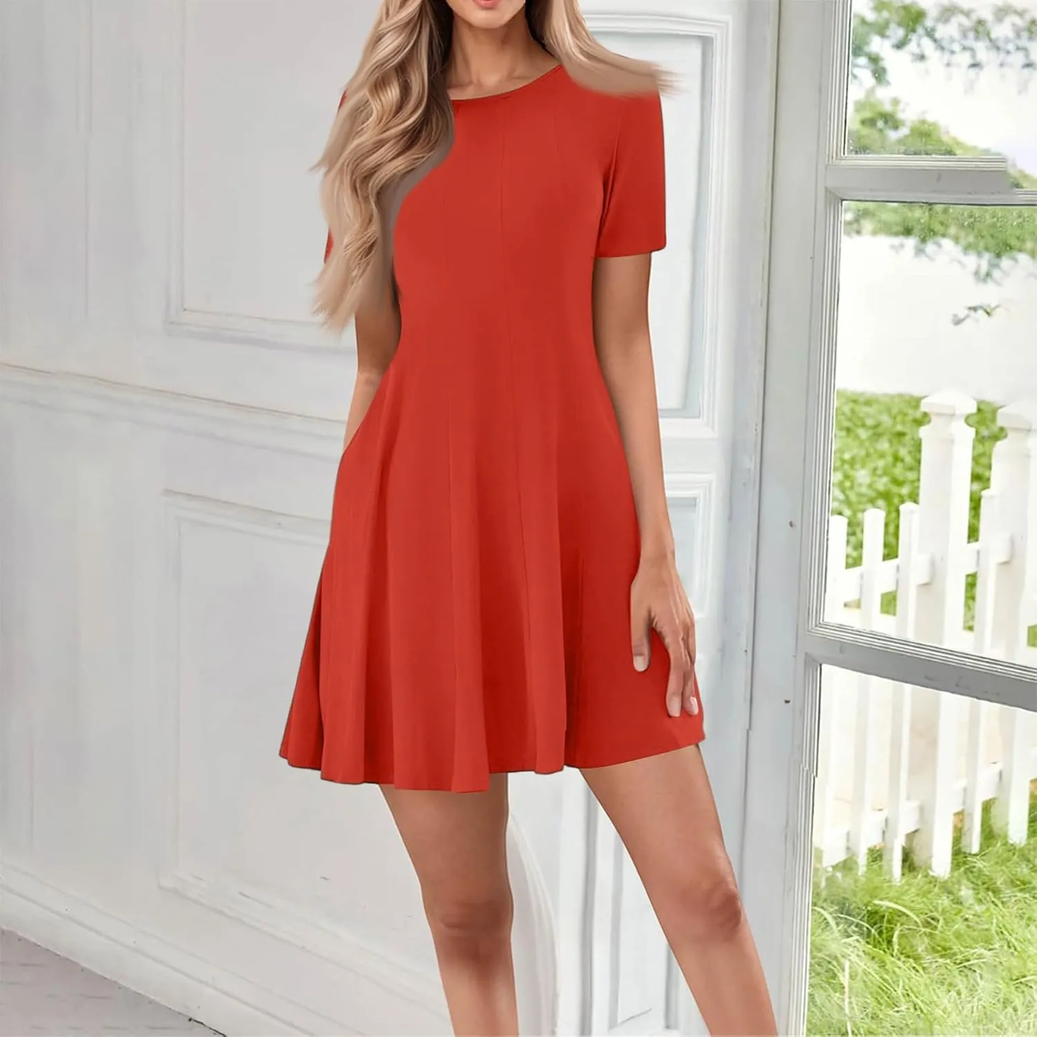 Dresses for Women 2025, Summer Empire Waist Dress Mini Short Sleeve Ruched Crew Neck Vacation Dresses with Pockets