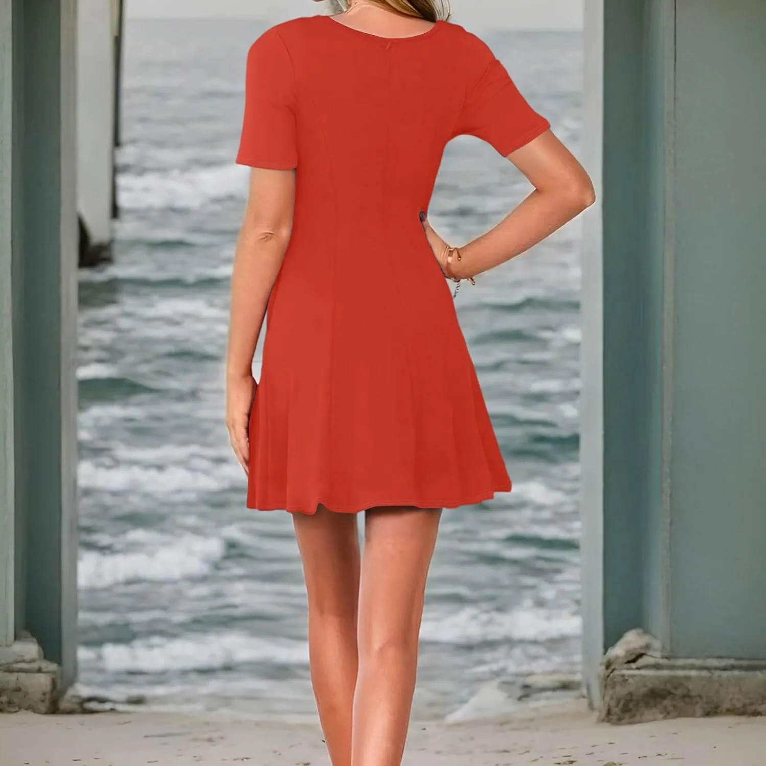 Dresses for Women 2025, Summer Empire Waist Dress Mini Short Sleeve Ruched Crew Neck Vacation Dresses with Pockets