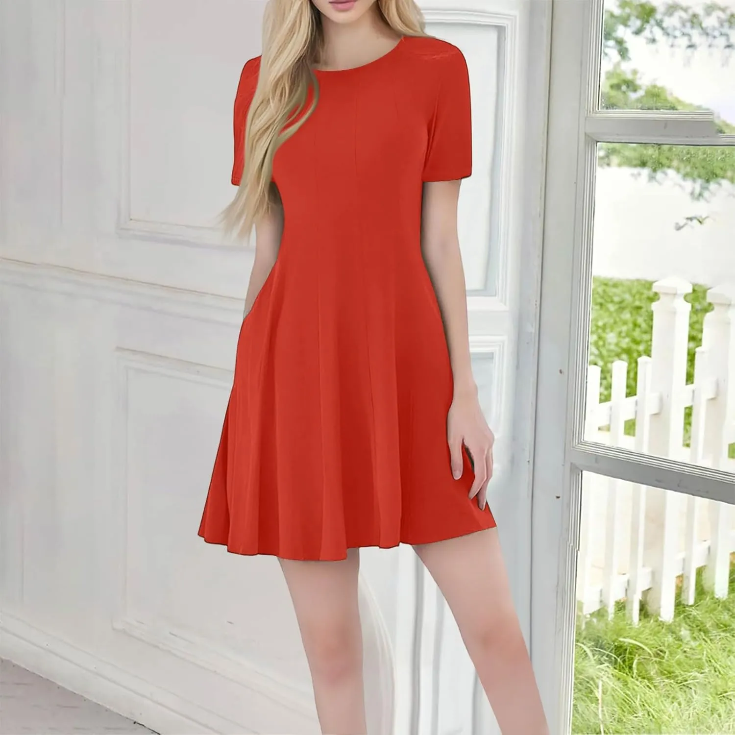 Dresses for Women 2025, Summer Empire Waist Dress Mini Short Sleeve Ruched Crew Neck Vacation Dresses with Pockets