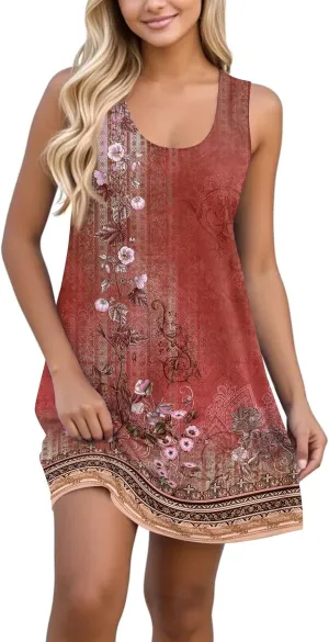 Dresses for Women Printed Sleeveless Vest Dress U Neck Casual Dresses Trendy Stylish Mini Dress Loose Flowy Coverup