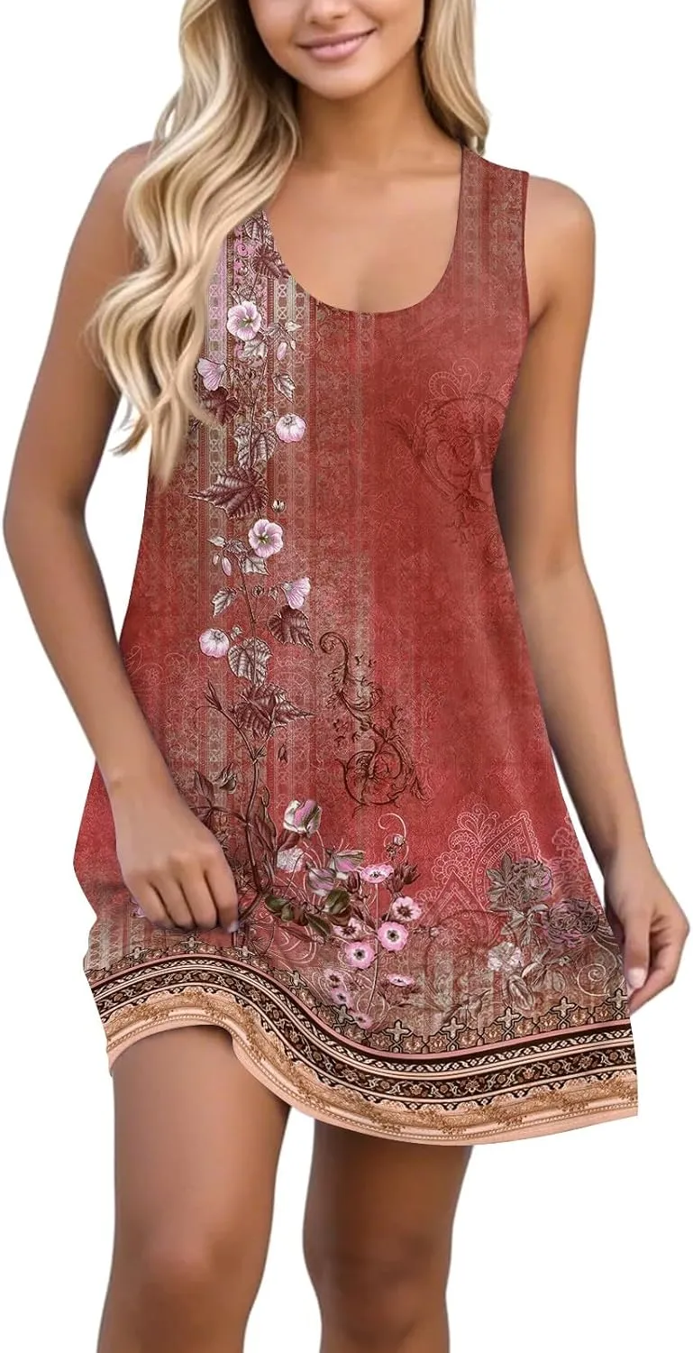 Dresses for Women Printed Sleeveless Vest Dress U Neck Casual Dresses Trendy Stylish Mini Dress Loose Flowy Coverup