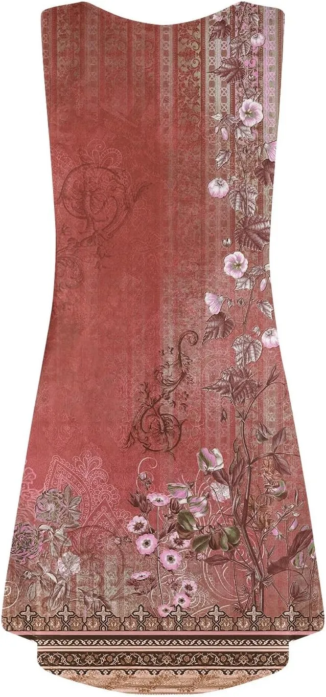 Dresses for Women Printed Sleeveless Vest Dress U Neck Casual Dresses Trendy Stylish Mini Dress Loose Flowy Coverup