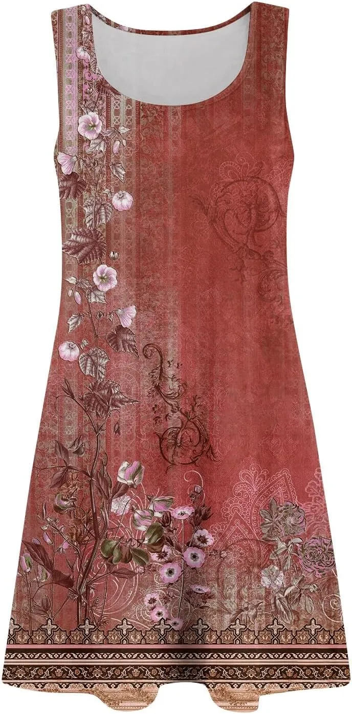 Dresses for Women Printed Sleeveless Vest Dress U Neck Casual Dresses Trendy Stylish Mini Dress Loose Flowy Coverup