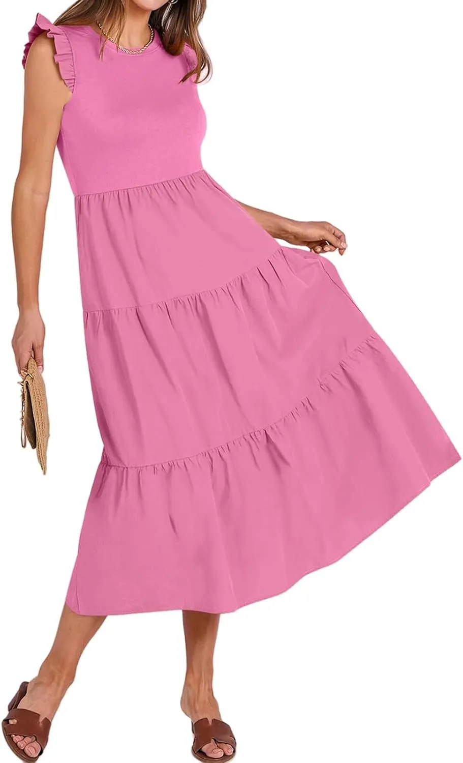 Dresses for Women Ruffle Sleeveless Midi Dress Summer Elastic Waist Tiered Midi Dress Casual Dressy Dresses 2025