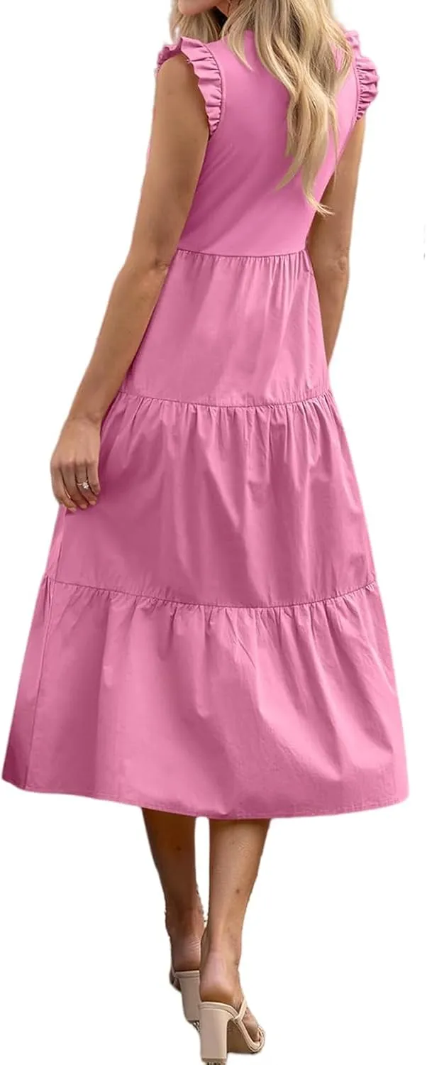 Dresses for Women Ruffle Sleeveless Midi Dress Summer Elastic Waist Tiered Midi Dress Casual Dressy Dresses 2025