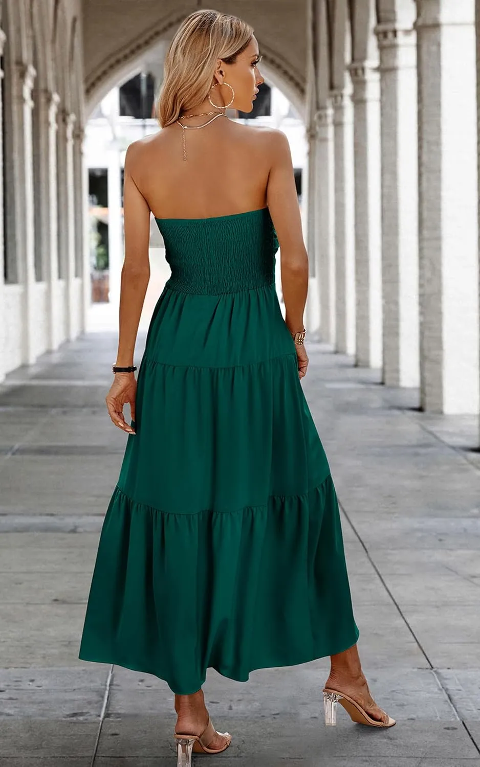 ECOWISH Women's Summer Strapless Maxi Dress 2025 Off Shoulder Hollow Out Smocked A Line Tube Tiered Long Dresses