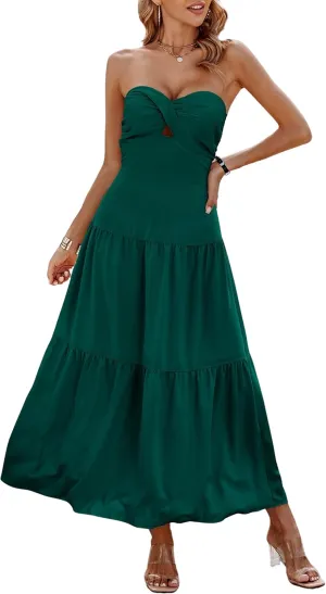 ECOWISH Women's Summer Strapless Maxi Dress 2025 Off Shoulder Hollow Out Smocked A Line Tube Tiered Long Dresses