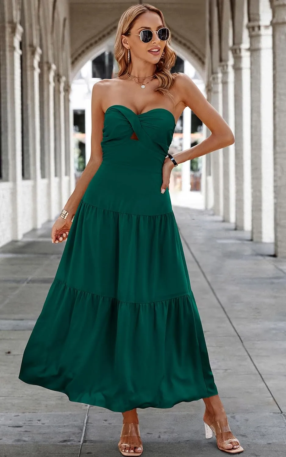 ECOWISH Women's Summer Strapless Maxi Dress 2025 Off Shoulder Hollow Out Smocked A Line Tube Tiered Long Dresses