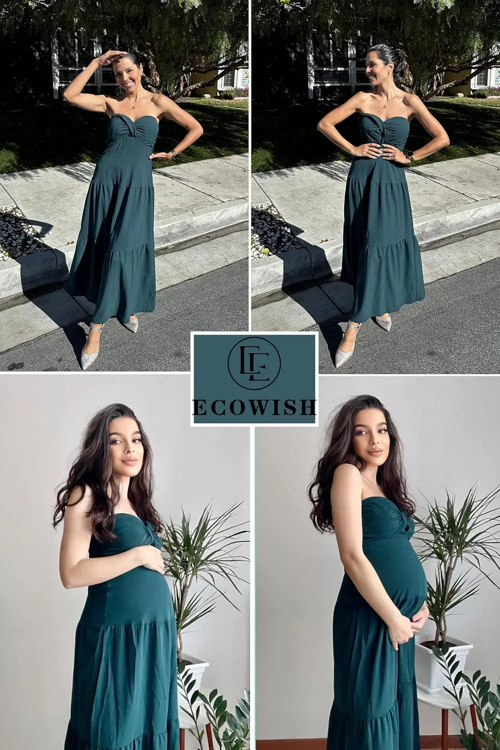 ECOWISH Women's Summer Strapless Maxi Dress 2025 Off Shoulder Hollow Out Smocked A Line Tube Tiered Long Dresses