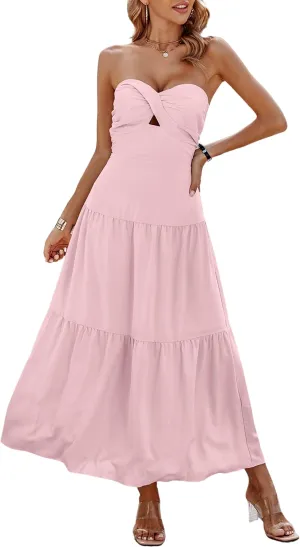 ECOWISH Women's Summer Strapless Maxi Dress 2025 Off Shoulder Hollow Out Smocked A Line Tube Tiered Long Dresses