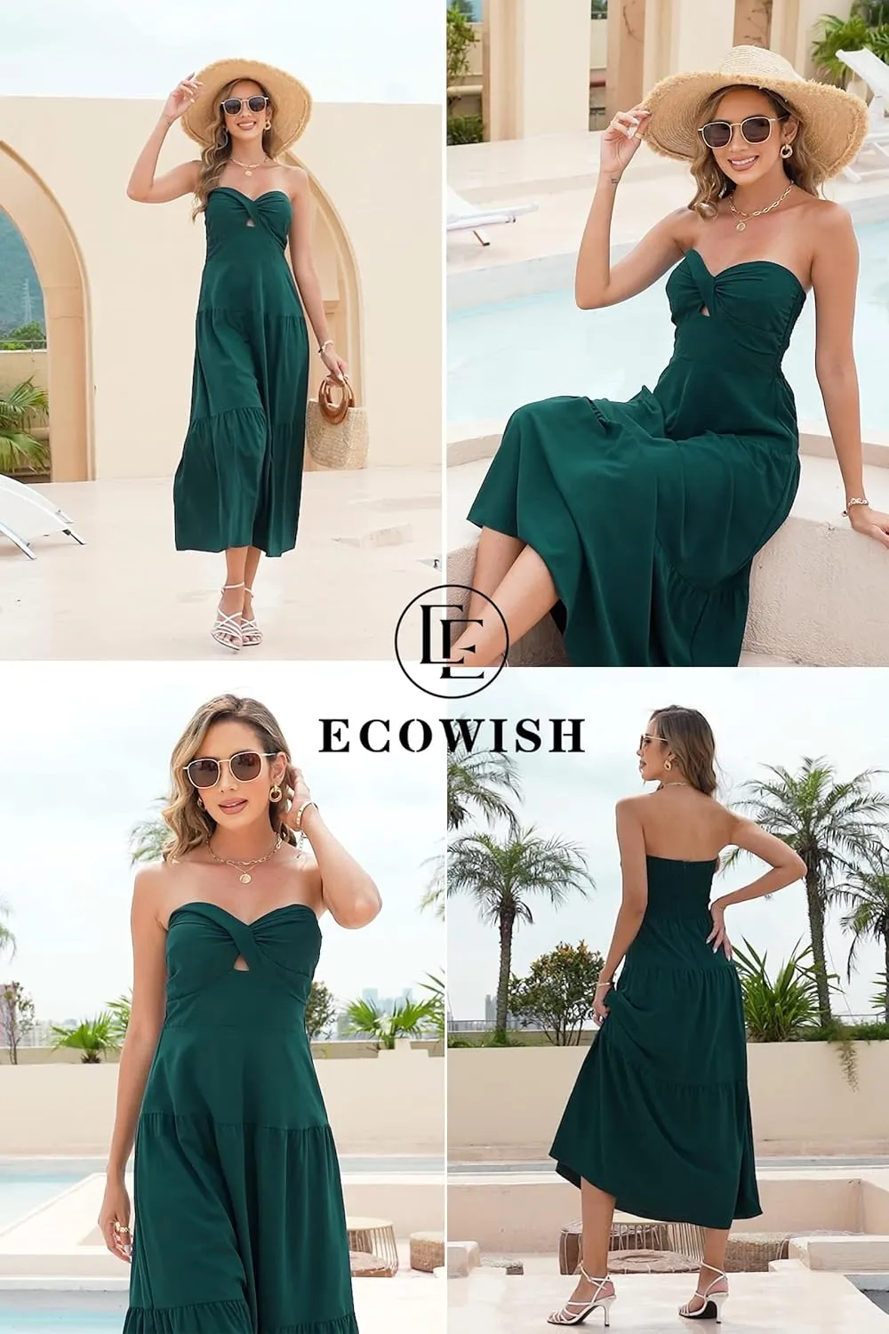 ECOWISH Women's Summer Strapless Maxi Dress 2025 Off Shoulder Hollow Out Smocked A Line Tube Tiered Long Dresses