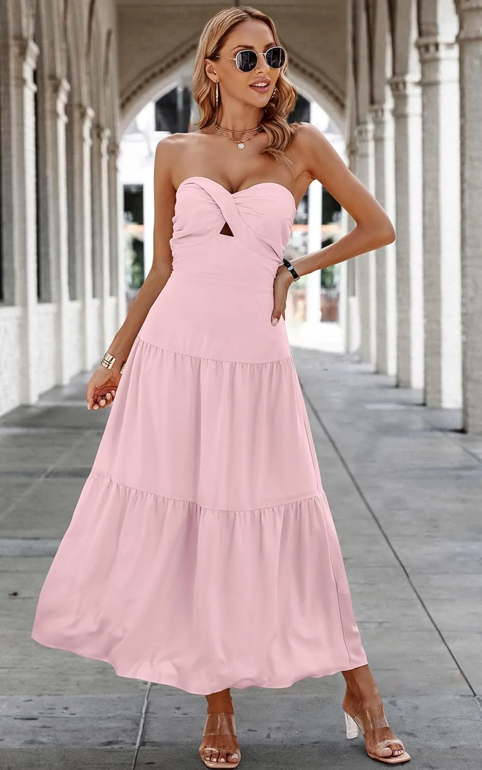 ECOWISH Women's Summer Strapless Maxi Dress 2025 Off Shoulder Hollow Out Smocked A Line Tube Tiered Long Dresses