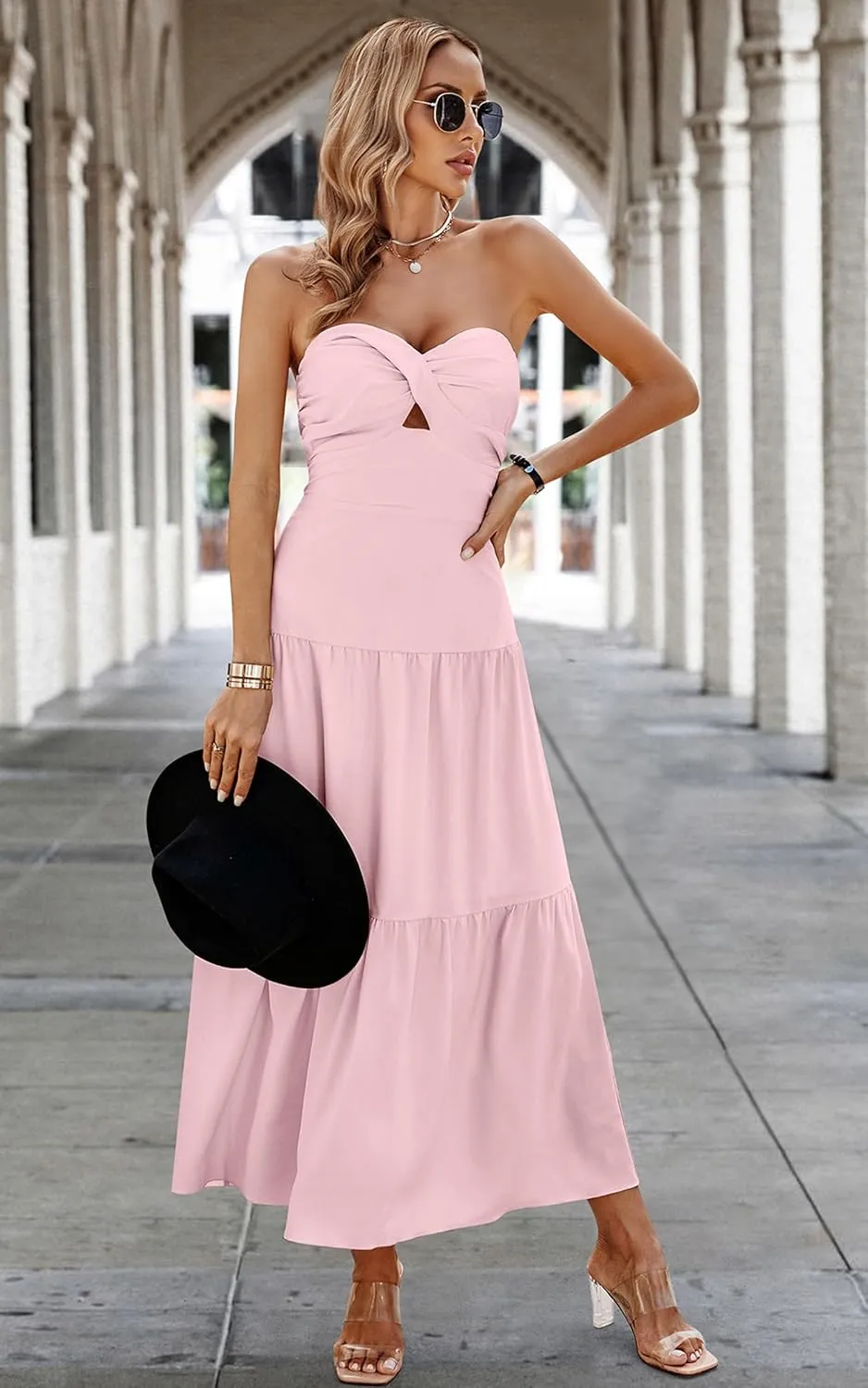 ECOWISH Women's Summer Strapless Maxi Dress 2025 Off Shoulder Hollow Out Smocked A Line Tube Tiered Long Dresses