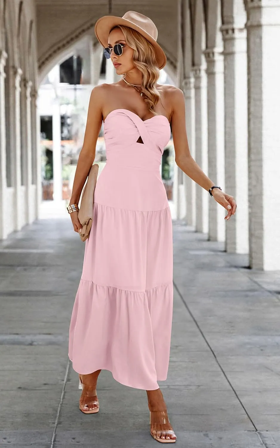 ECOWISH Women's Summer Strapless Maxi Dress 2025 Off Shoulder Hollow Out Smocked A Line Tube Tiered Long Dresses
