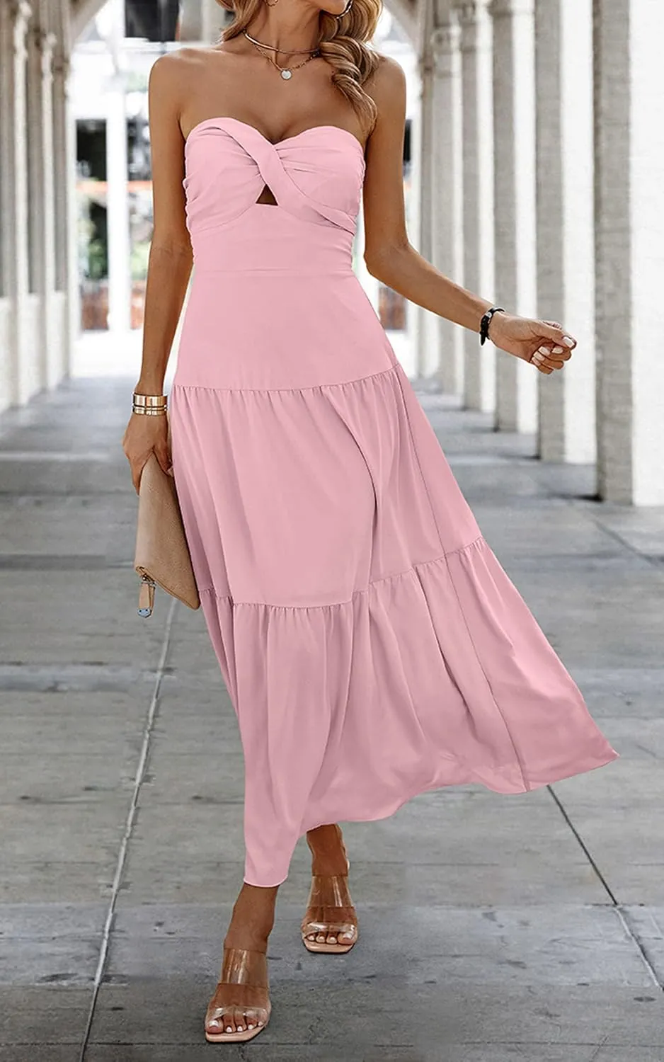 ECOWISH Women's Summer Strapless Maxi Dress 2025 Off Shoulder Hollow Out Smocked A Line Tube Tiered Long Dresses
