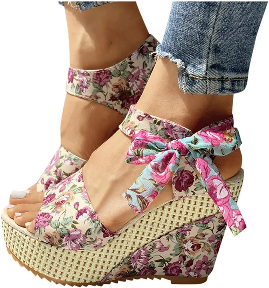 Eduavar Womens Wedge Sandals, Orthopedic Sandals for Women Platform Sandals Bow Tie Lace Up Wedge Sandals Shoes