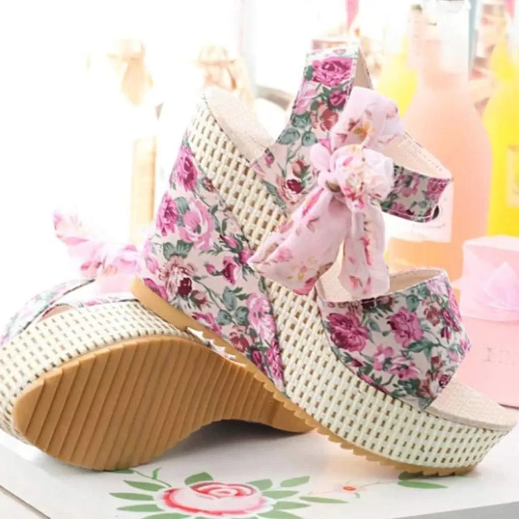 Eduavar Womens Wedge Sandals, Orthopedic Sandals for Women Platform Sandals Bow Tie Lace Up Wedge Sandals Shoes