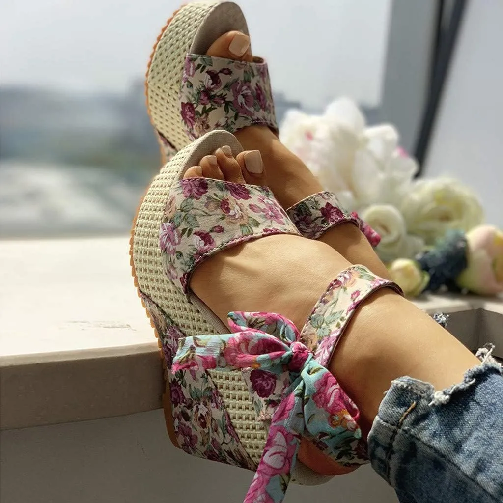Eduavar Womens Wedge Sandals, Orthopedic Sandals for Women Platform Sandals Bow Tie Lace Up Wedge Sandals Shoes