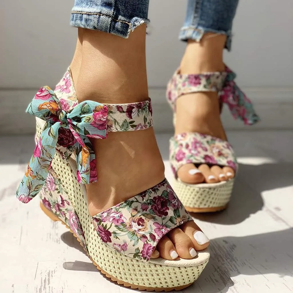 Eduavar Womens Wedge Sandals, Orthopedic Sandals for Women Platform Sandals Bow Tie Lace Up Wedge Sandals Shoes