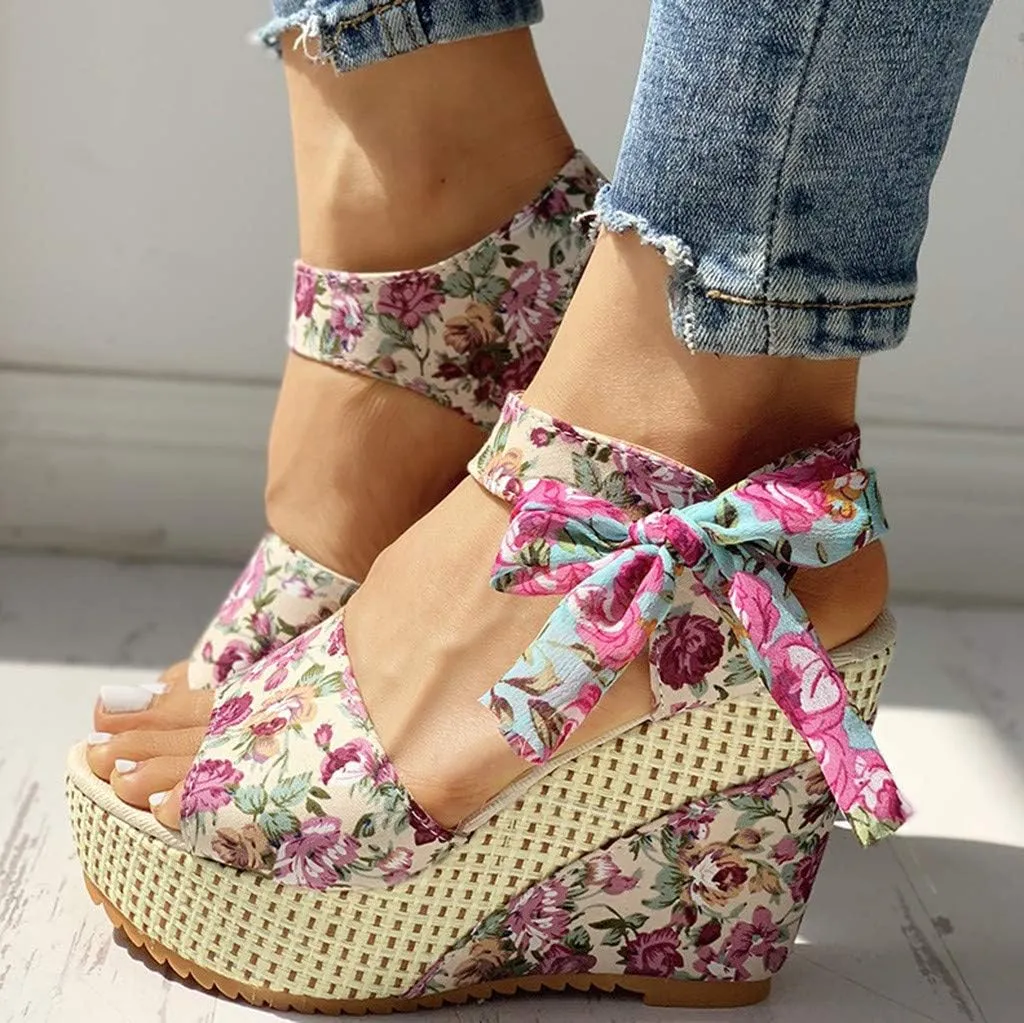 Eduavar Womens Wedge Sandals, Orthopedic Sandals for Women Platform Sandals Bow Tie Lace Up Wedge Sandals Shoes