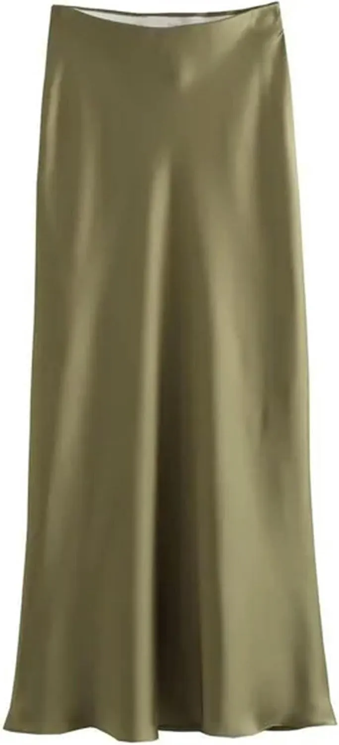 Elegant Satin Women Long Skirts Summer Elastic High Waisted A-Line Casual Swing Office Female Skirt Y2K-01-Skirts-L