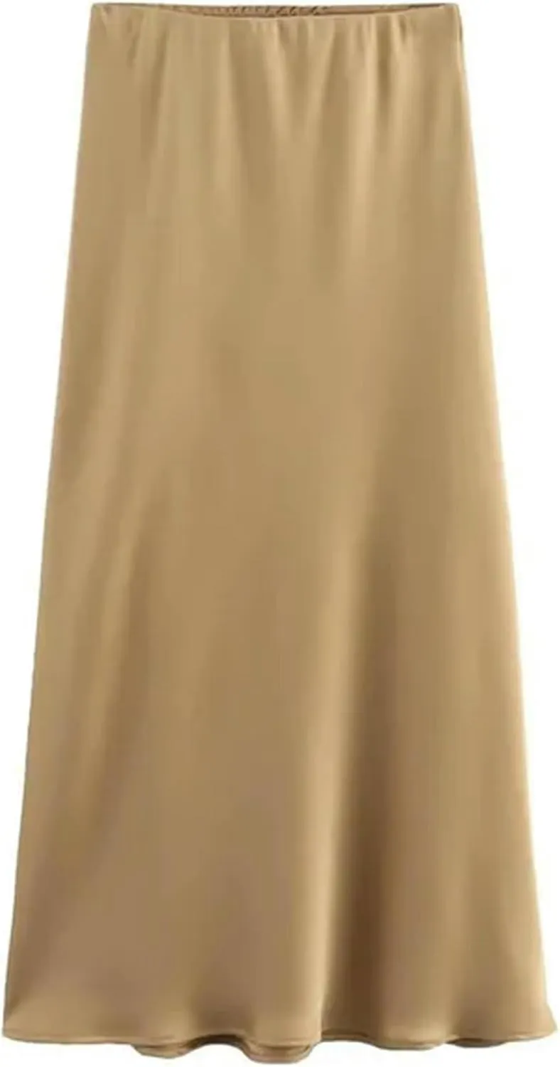 Elegant Satin Women Long Skirts Summer Elastic High Waisted A-Line Casual Swing Office Female Skirt Y2K-01-Skirts-L