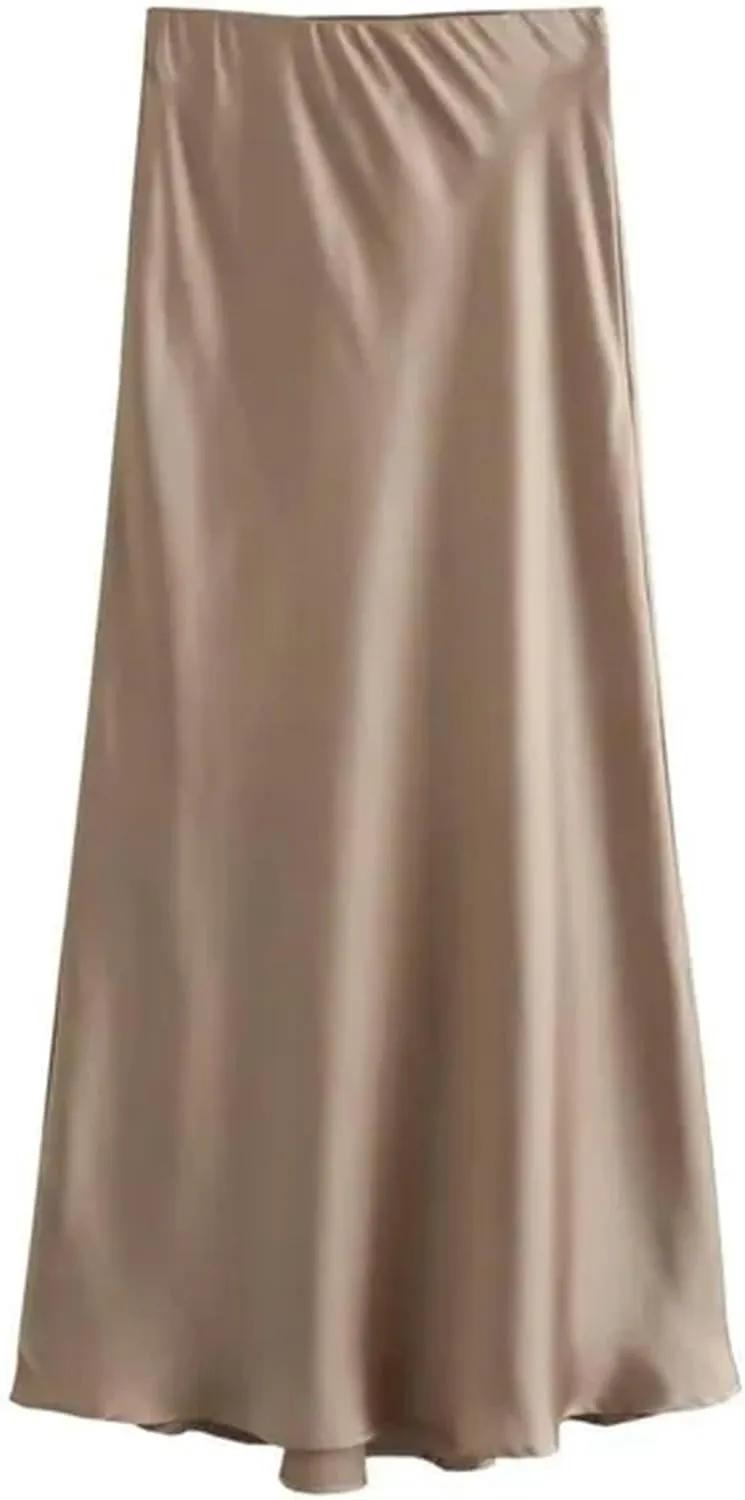 Elegant Satin Women Long Skirts Summer Elastic High Waisted A-Line Casual Swing Office Female Skirt Y2K-01-Skirts-L
