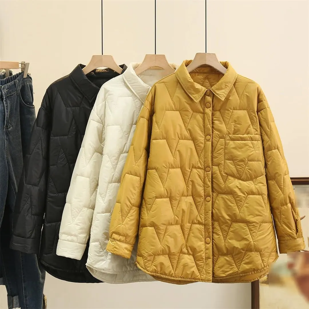 Fall Winter Thin Parka Women's Lapel Geometric Pattern Jacket Simple Warm Cotton-Padded Coat