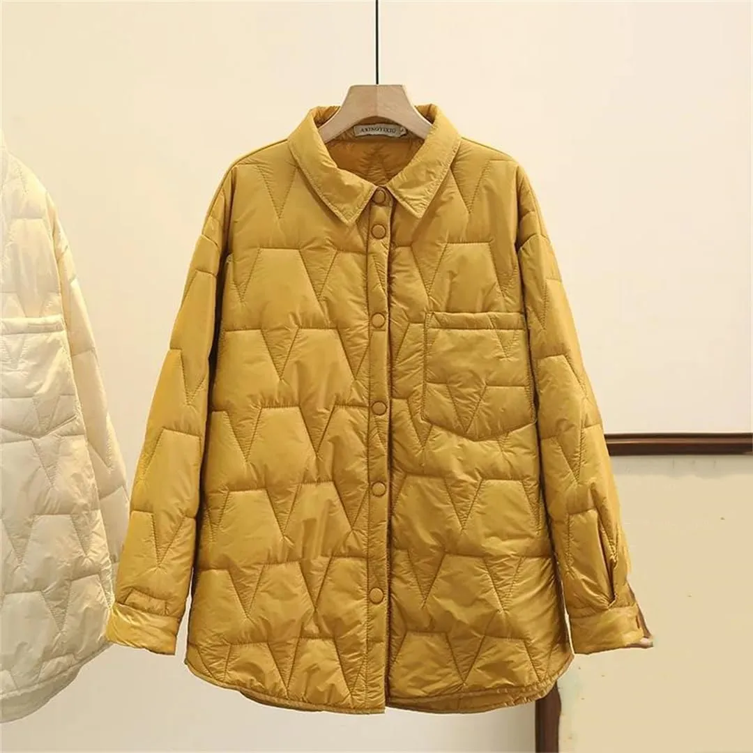 Fall Winter Thin Parka Women's Lapel Geometric Pattern Jacket Simple Warm Cotton-Padded Coat