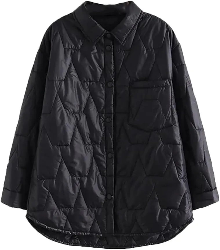 Fall Winter Thin Parka Women's Lapel Geometric Pattern Jacket Simple Warm Cotton-Padded Coat