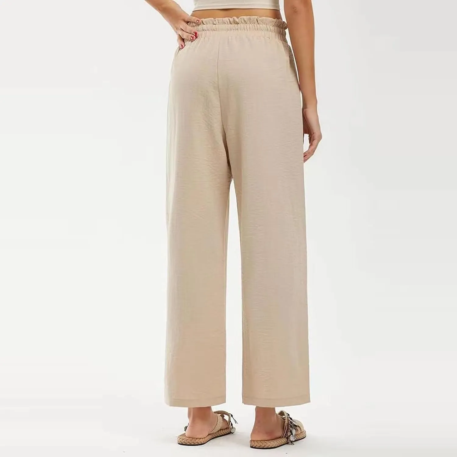 fanmpghleoo Cropped Linen Pants Women Summer Boho Beach Wide Leg Palazzo Pants Business Casual Linen Trousers with Pockets