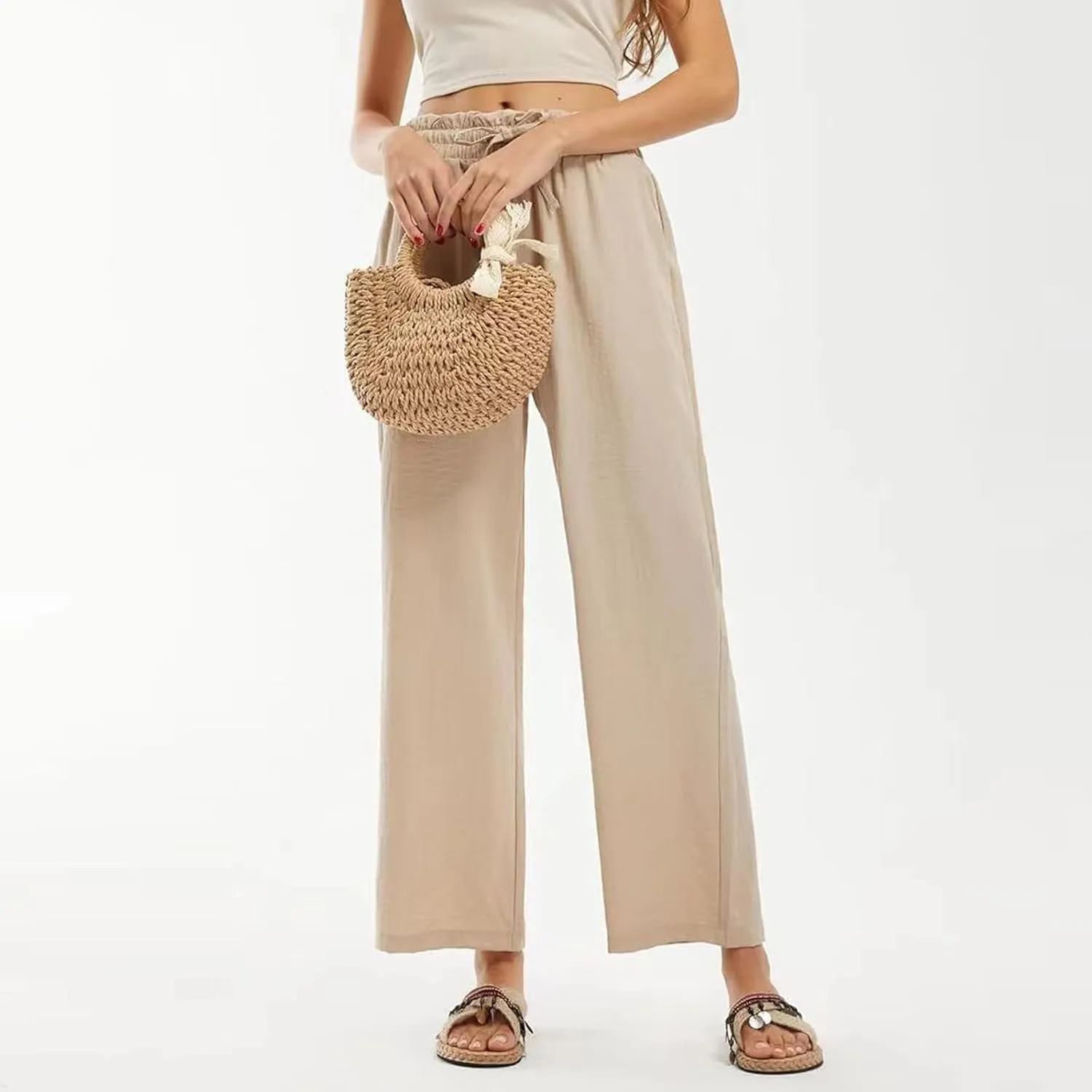 fanmpghleoo Cropped Linen Pants Women Summer Boho Beach Wide Leg Palazzo Pants Business Casual Linen Trousers with Pockets