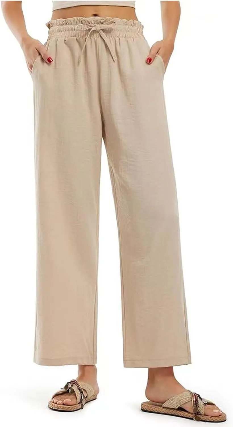 fanmpghleoo Cropped Linen Pants Women Summer Boho Beach Wide Leg Palazzo Pants Business Casual Linen Trousers with Pockets