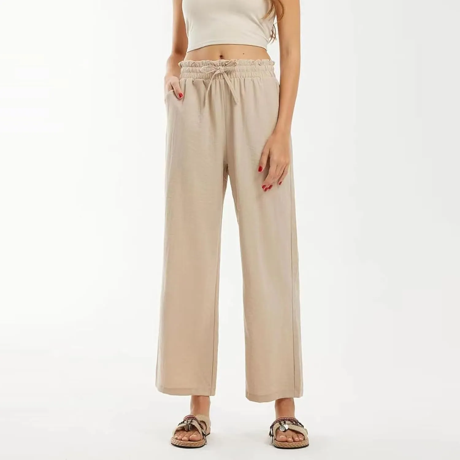 fanmpghleoo Cropped Linen Pants Women Summer Boho Beach Wide Leg Palazzo Pants Business Casual Linen Trousers with Pockets