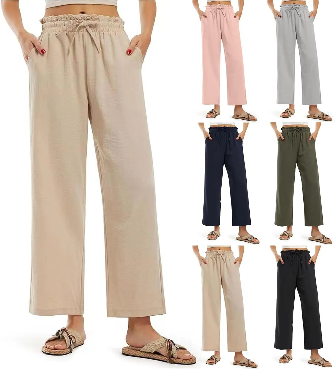 fanmpghleoo Cropped Linen Pants Women Summer Boho Beach Wide Leg Palazzo Pants Business Casual Linen Trousers with Pockets