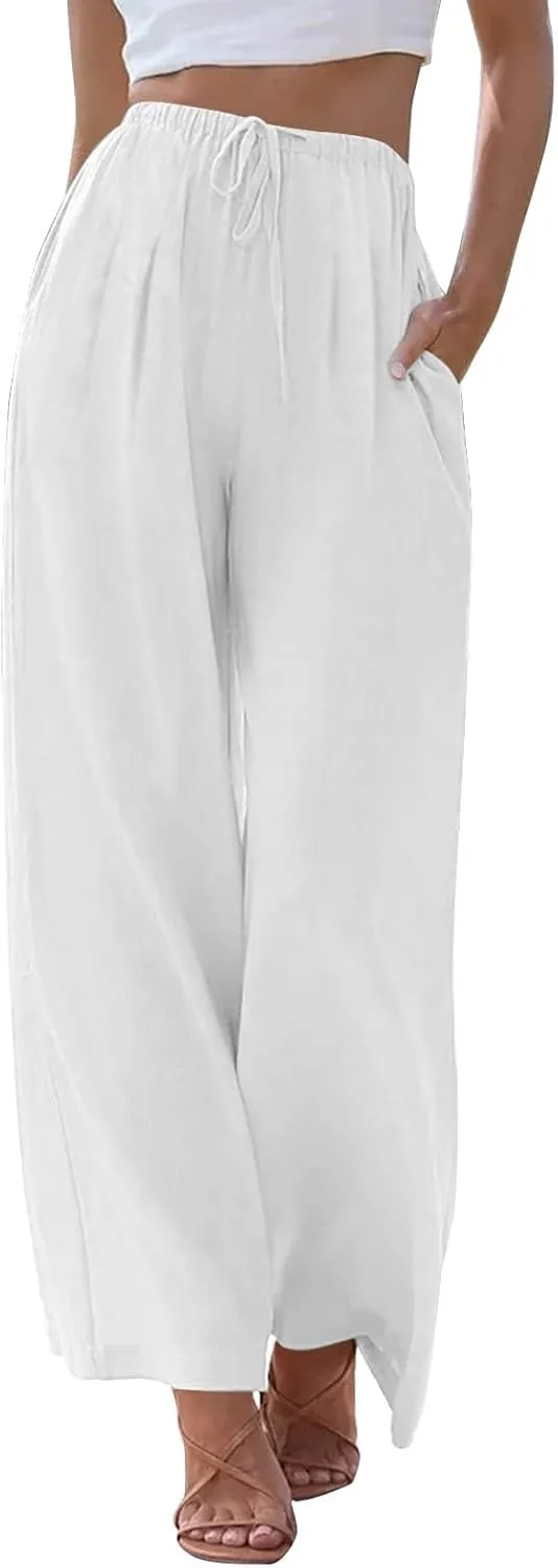 fanmpghleoo Linen Palazzo Pants for Women Casual Wide Leg Linen Pants Summer Drawstring High Waisted Trousers with Pockets