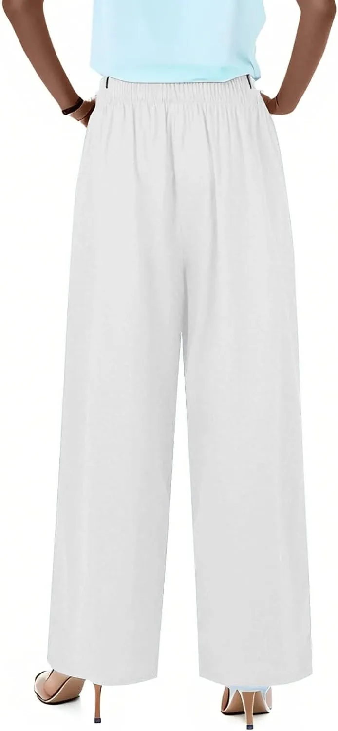 fanmpghleoo Linen Palazzo Pants for Women Casual Wide Leg Linen Pants Summer Drawstring High Waisted Trousers with Pockets