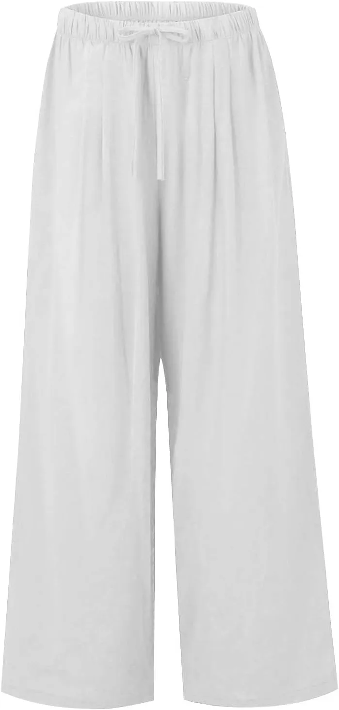 fanmpghleoo Linen Palazzo Pants for Women Casual Wide Leg Linen Pants Summer Drawstring High Waisted Trousers with Pockets