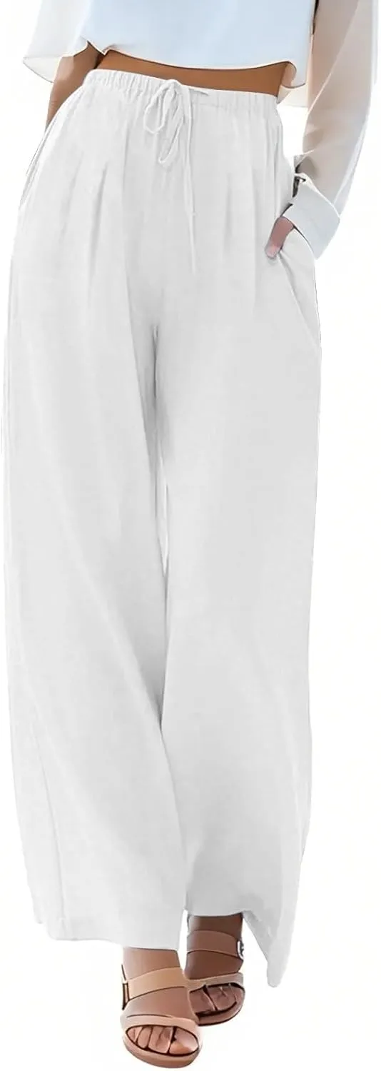 fanmpghleoo Linen Palazzo Pants for Women Casual Wide Leg Linen Pants Summer Drawstring High Waisted Trousers with Pockets