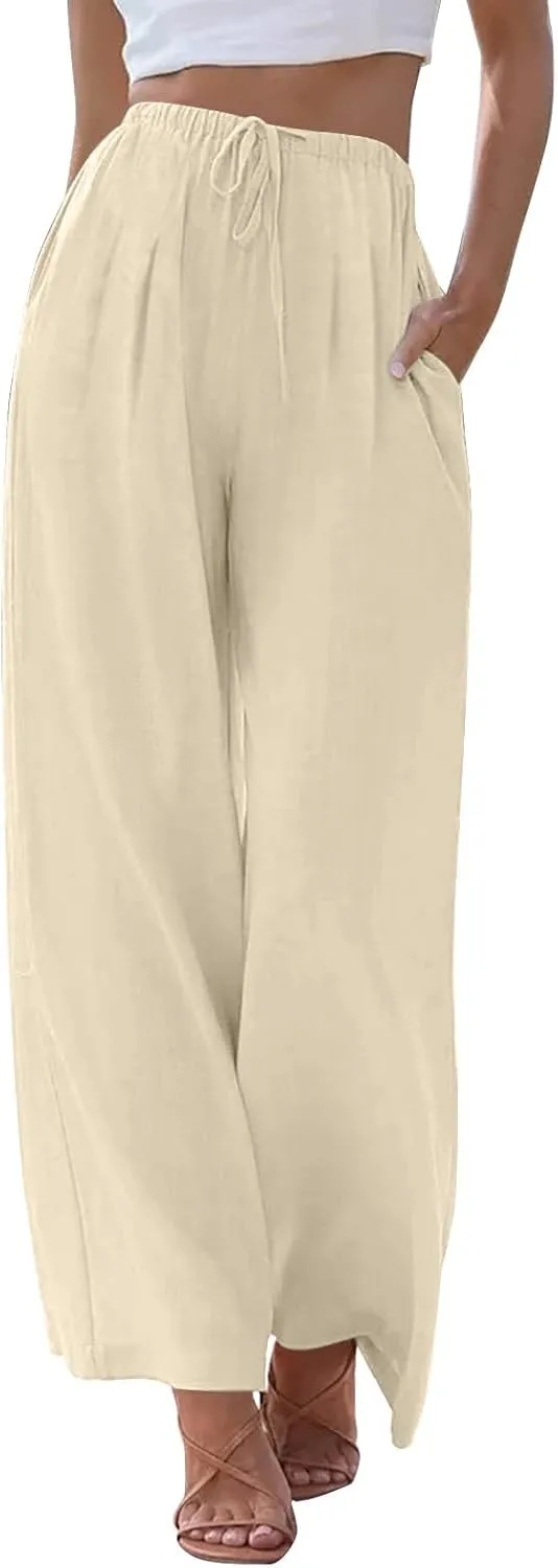 fanmpghleoo Linen Palazzo Pants for Women Casual Wide Leg Linen Pants Summer Drawstring High Waisted Trousers with Pockets
