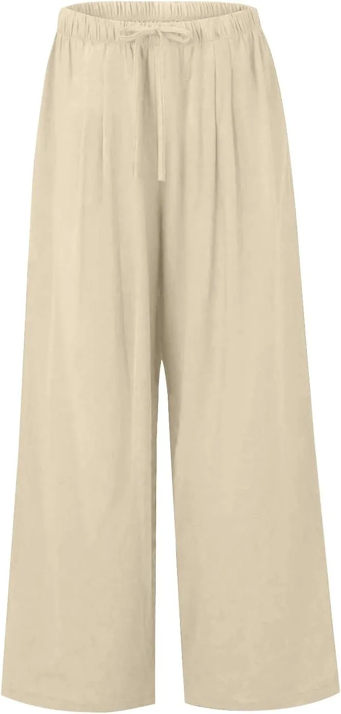fanmpghleoo Linen Palazzo Pants for Women Casual Wide Leg Linen Pants Summer Drawstring High Waisted Trousers with Pockets