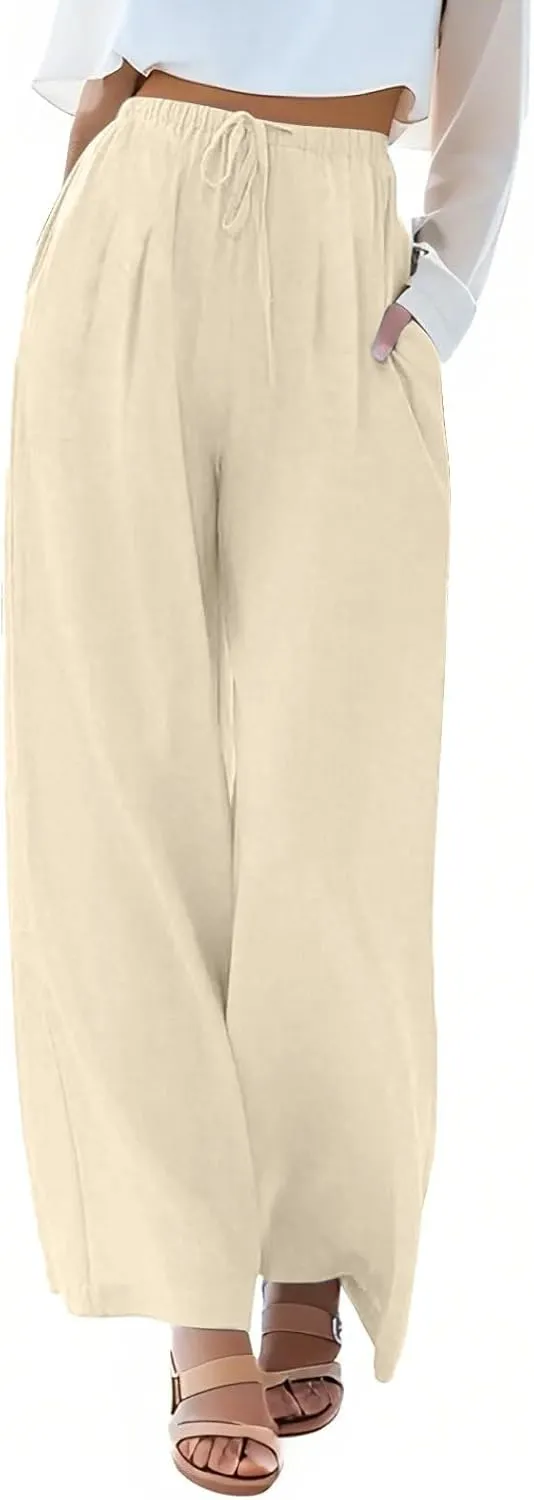 fanmpghleoo Linen Palazzo Pants for Women Casual Wide Leg Linen Pants Summer Drawstring High Waisted Trousers with Pockets