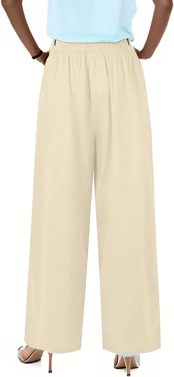 fanmpghleoo Linen Palazzo Pants for Women Casual Wide Leg Linen Pants Summer Drawstring High Waisted Trousers with Pockets