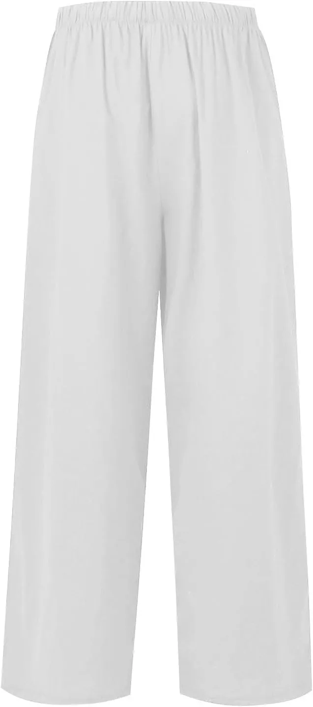 fanmpghleoo Linen Palazzo Pants for Women Casual Wide Leg Linen Pants Summer Drawstring High Waisted Trousers with Pockets