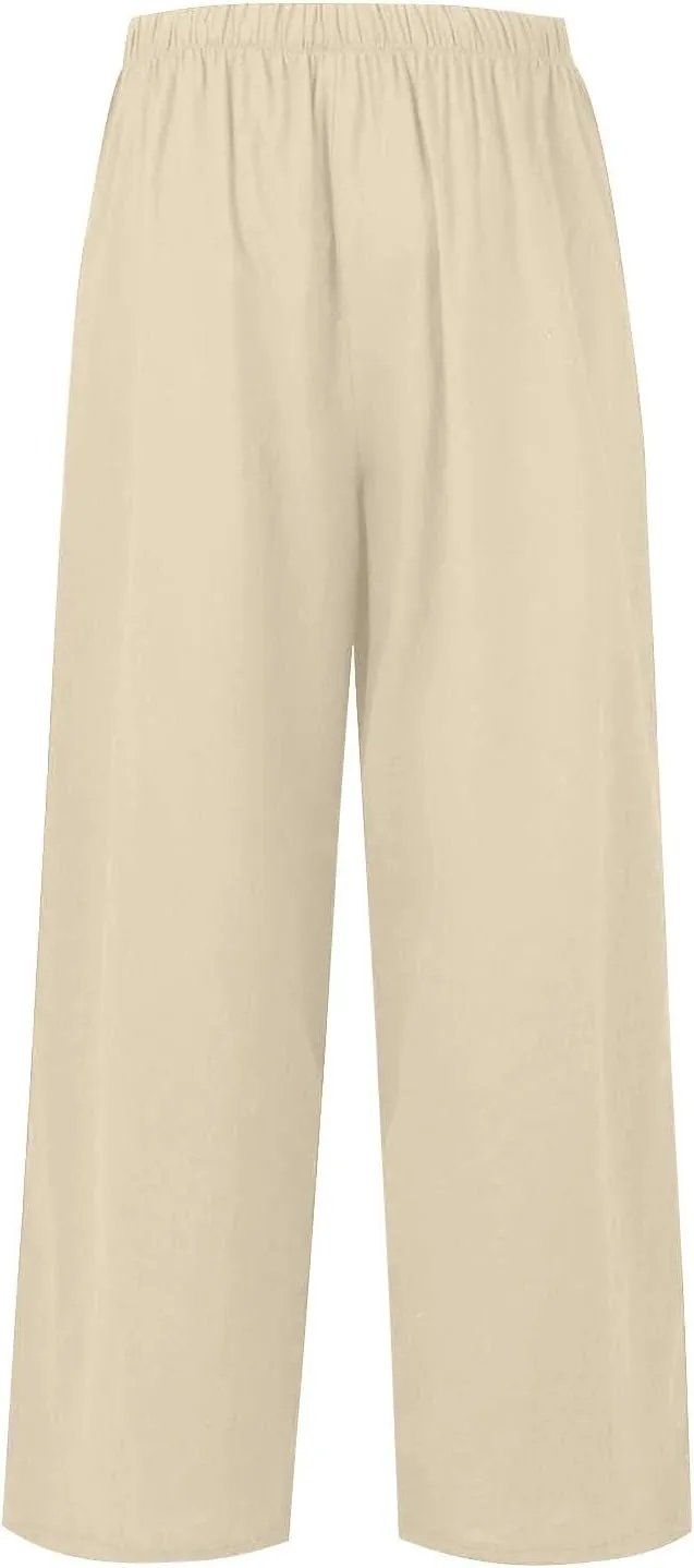 fanmpghleoo Linen Palazzo Pants for Women Casual Wide Leg Linen Pants Summer Drawstring High Waisted Trousers with Pockets