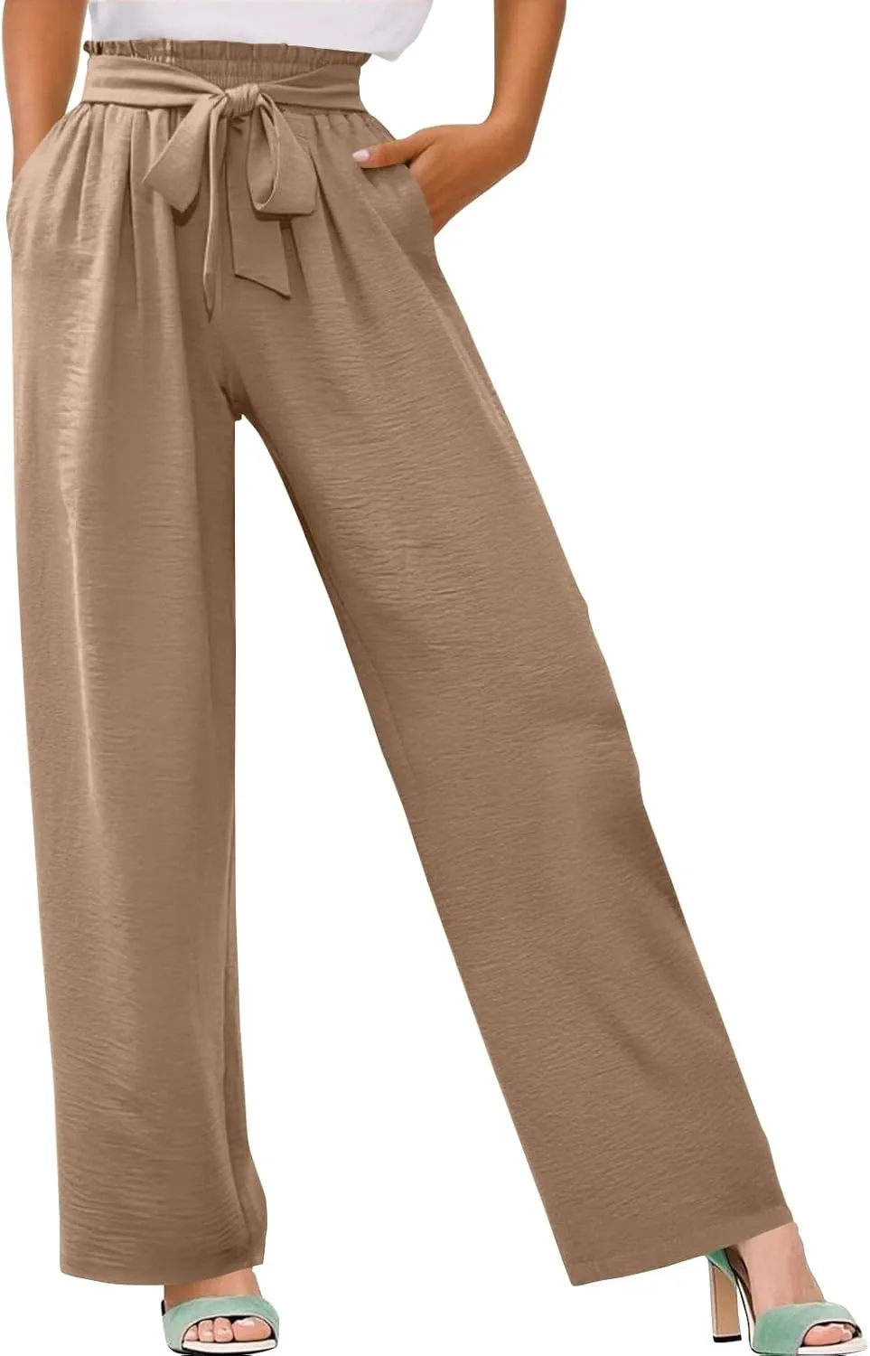 fanmpghleoo Wide Leg Linen Pants for Women Plus Size High Waisted Palazzo Pants Dressy Beach Comfy Lounge Pants with Pockets