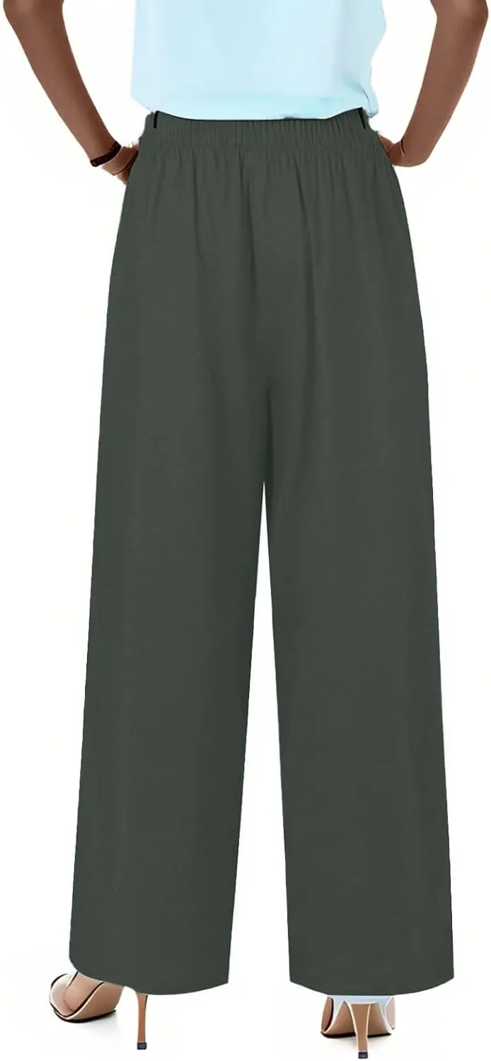 fanmpghleoo Wide Leg Linen Pants for Women Plus Size Palazzo Pants Casual Drawstring Flowy Beach Linen Trousers with Pockets